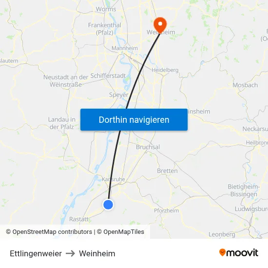 Ettlingenweier to Weinheim map