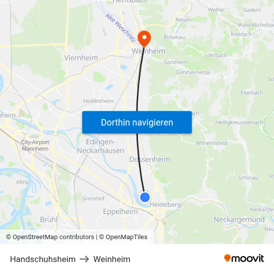 Handschuhsheim to Weinheim map