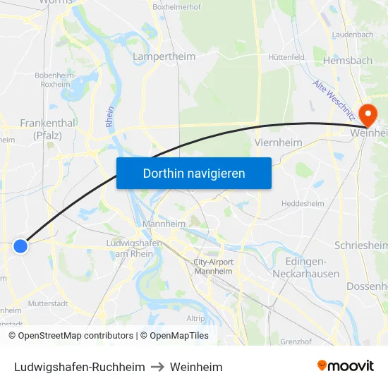 Ludwigshafen-Ruchheim to Weinheim map