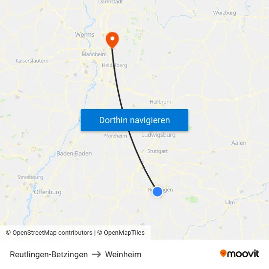 Reutlingen-Betzingen to Weinheim map