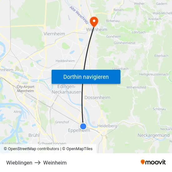 Wieblingen to Weinheim map