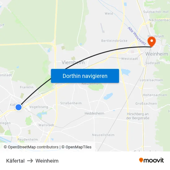 Käfertal to Weinheim map