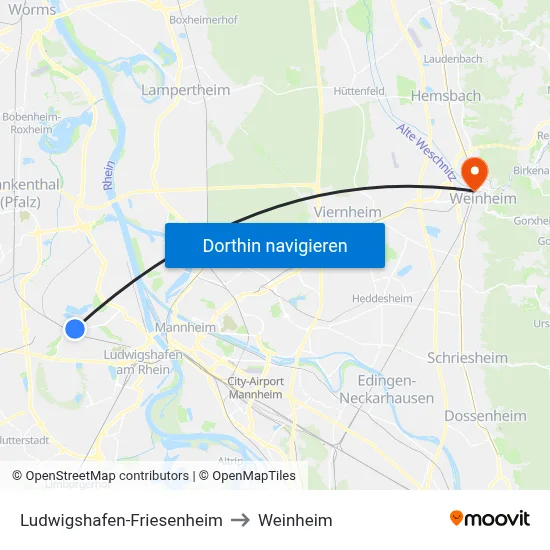 Ludwigshafen-Friesenheim to Weinheim map