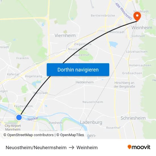 Neuostheim/Neuhermsheim to Weinheim map