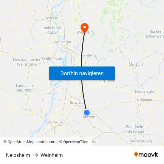 Neibsheim to Weinheim map