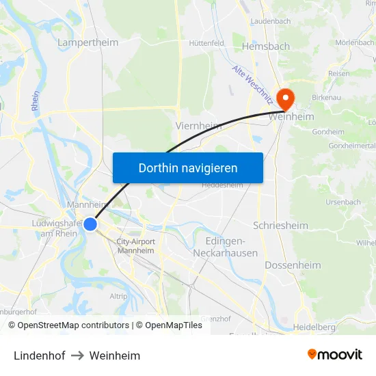 Lindenhof to Weinheim map