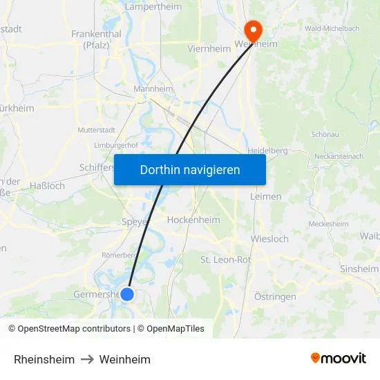 Rheinsheim to Weinheim map