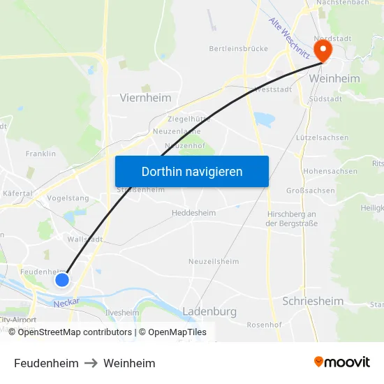 Feudenheim to Weinheim map