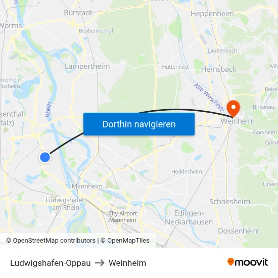 Ludwigshafen-Oppau to Weinheim map