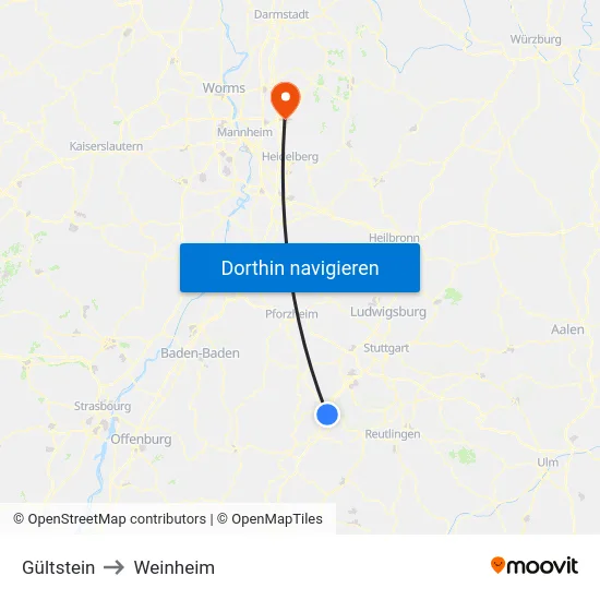 Gültstein to Weinheim map