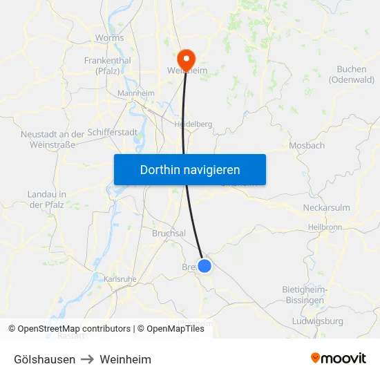 Gölshausen to Weinheim map