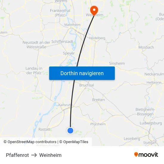 Pfaffenrot to Weinheim map