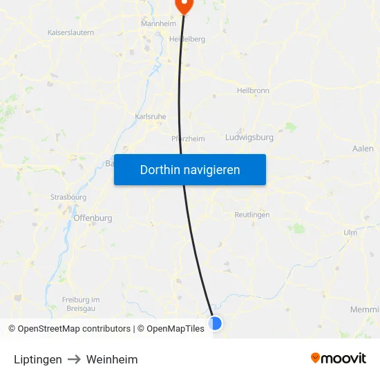 Liptingen to Weinheim map