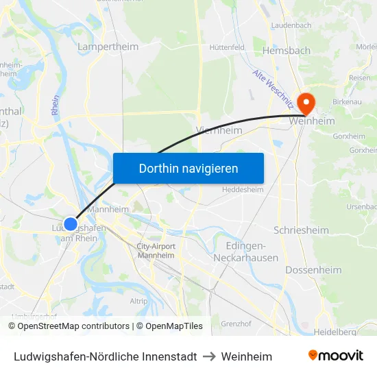Ludwigshafen-Nördliche Innenstadt to Weinheim map