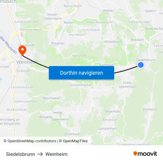 Siedelsbrunn to Weinheim map
