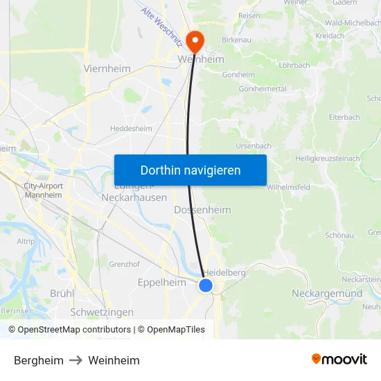 Bergheim to Weinheim map