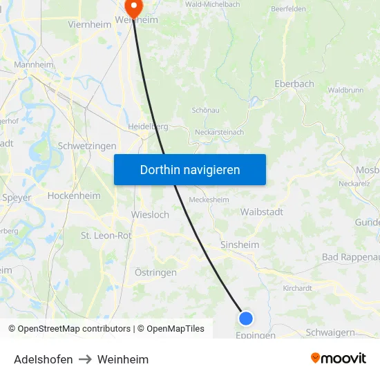 Adelshofen to Weinheim map