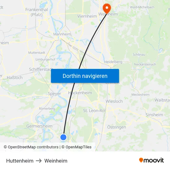 Huttenheim to Weinheim map