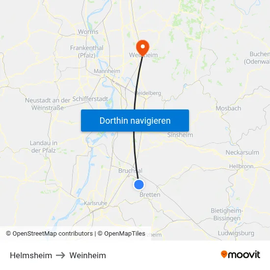 Helmsheim to Weinheim map
