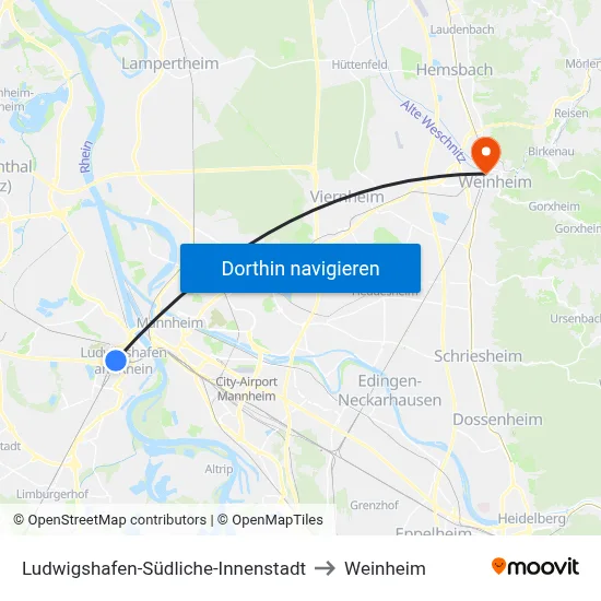 Ludwigshafen-Südliche-Innenstadt to Weinheim map