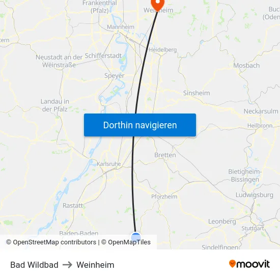 Bad Wildbad to Weinheim map