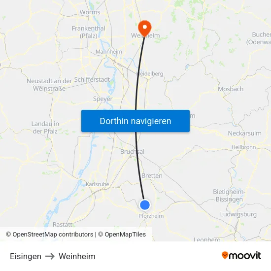 Eisingen to Weinheim map