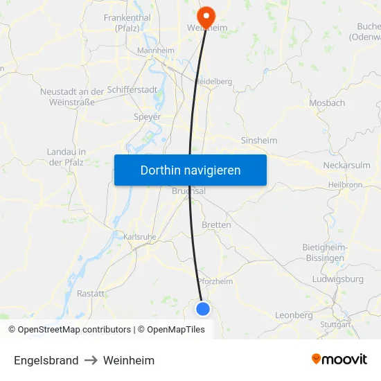 Engelsbrand to Weinheim map