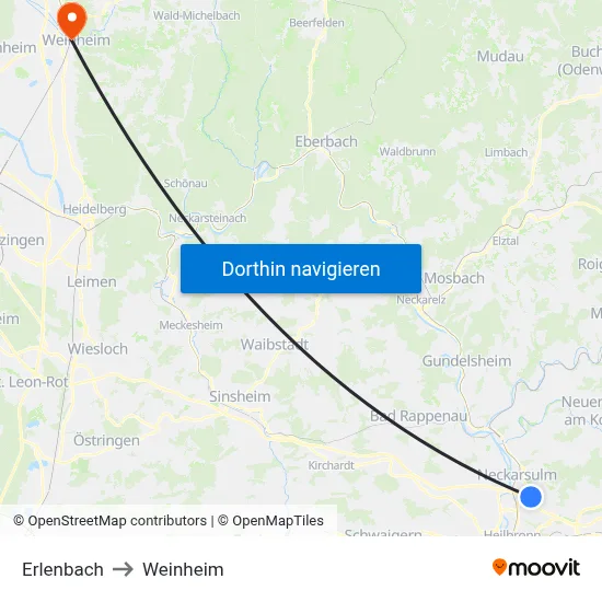 Erlenbach to Weinheim map