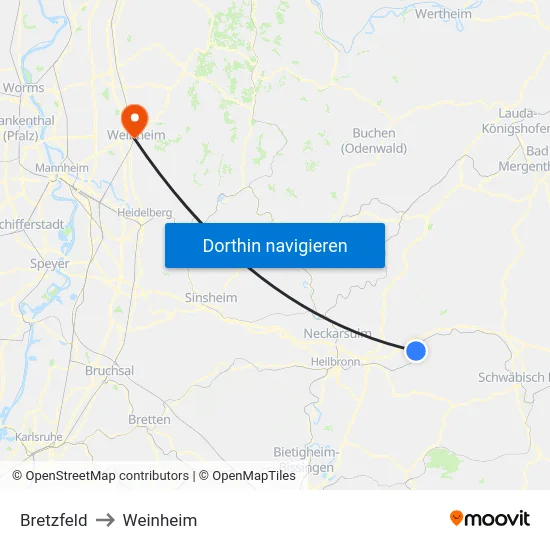 Bretzfeld to Weinheim map