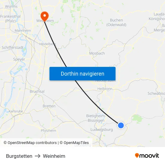 Burgstetten to Weinheim map