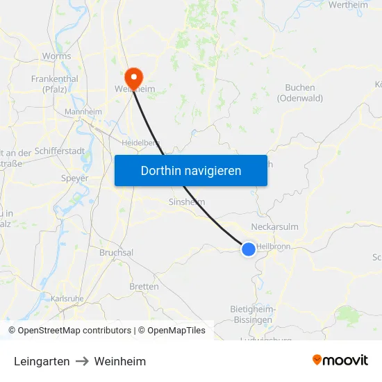 Leingarten to Weinheim map