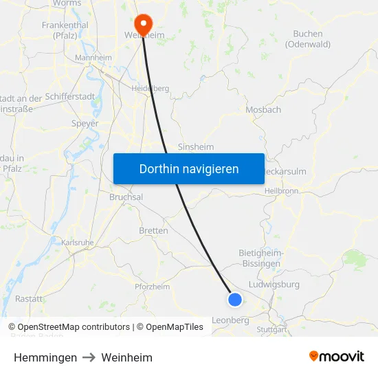 Hemmingen to Weinheim map