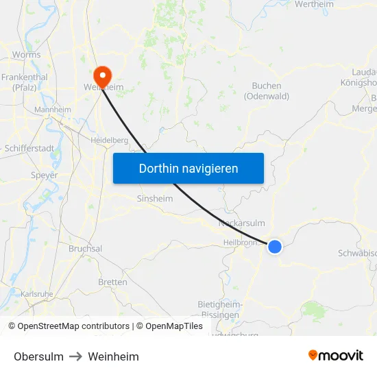 Obersulm to Weinheim map
