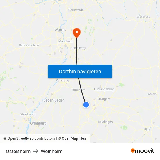 Ostelsheim to Weinheim map