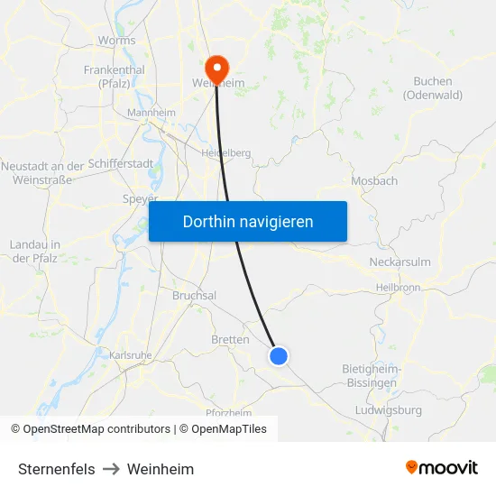 Sternenfels to Weinheim map