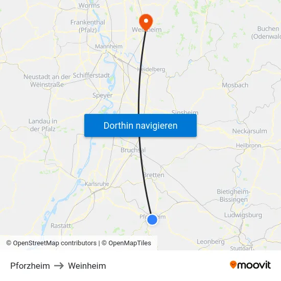 Pforzheim to Weinheim map