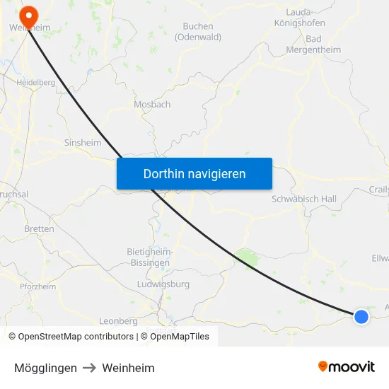 Mögglingen to Weinheim map