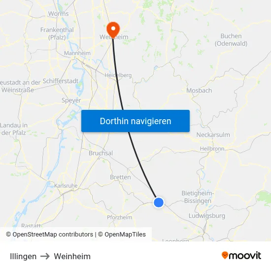 Illingen to Weinheim map