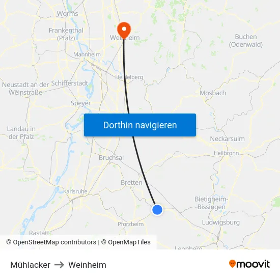 Mühlacker to Weinheim map