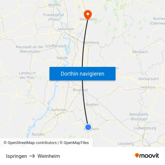 Ispringen to Weinheim map