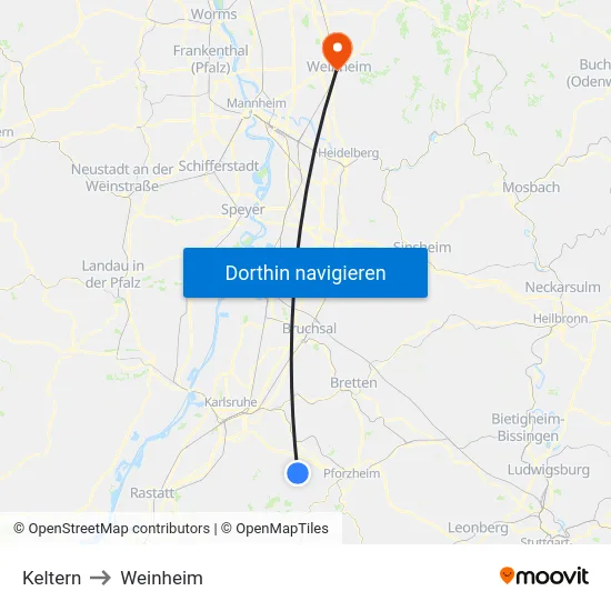 Keltern to Weinheim map