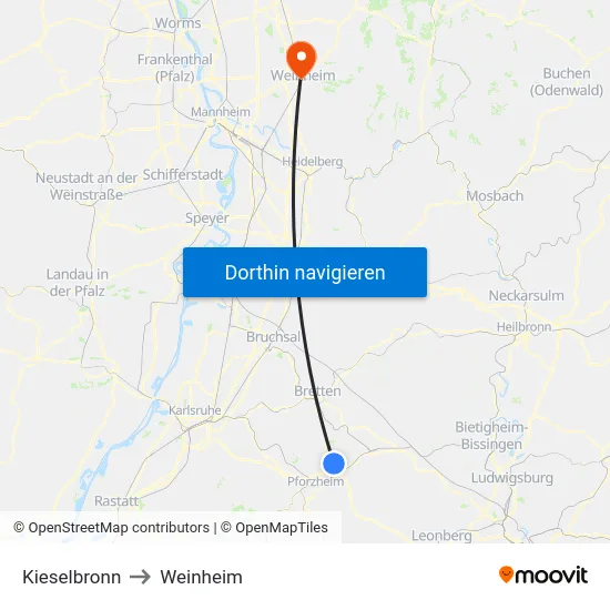Kieselbronn to Weinheim map
