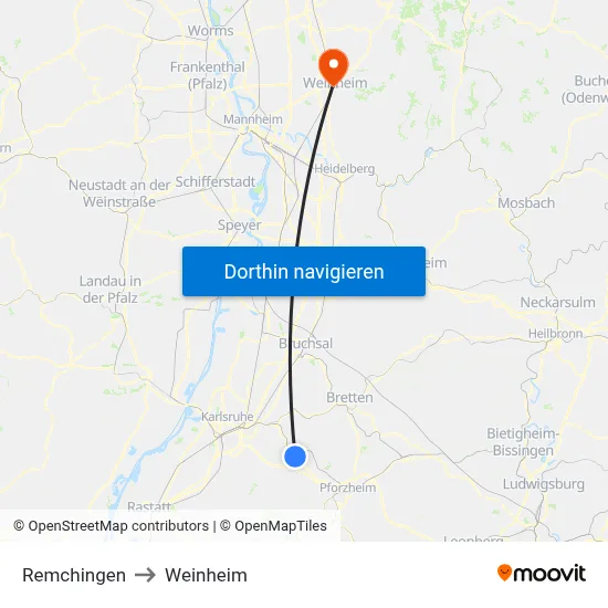 Remchingen to Weinheim map