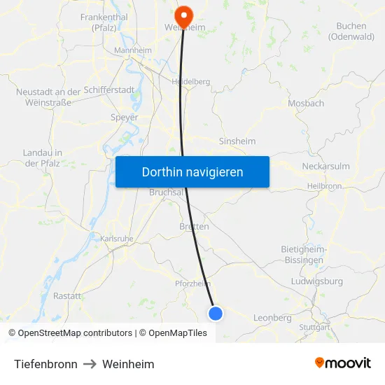 Tiefenbronn to Weinheim map
