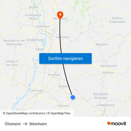 Ötisheim to Weinheim map