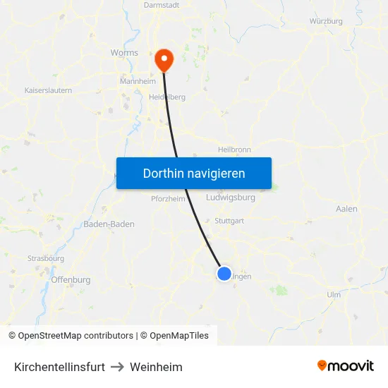 Kirchentellinsfurt to Weinheim map