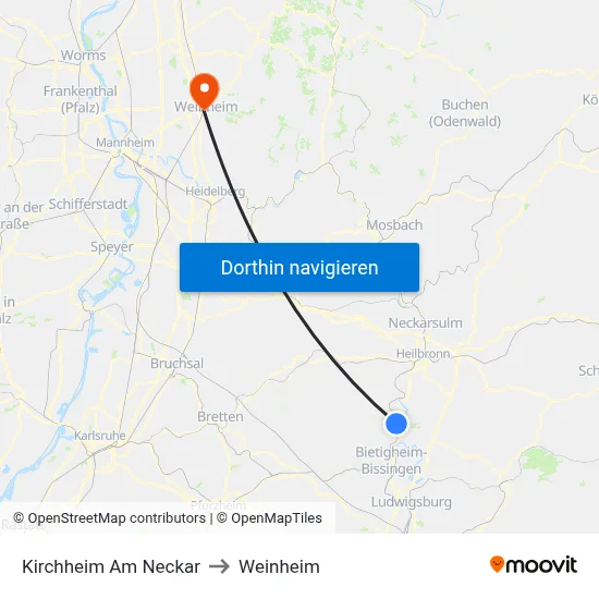 Kirchheim Am Neckar to Weinheim map
