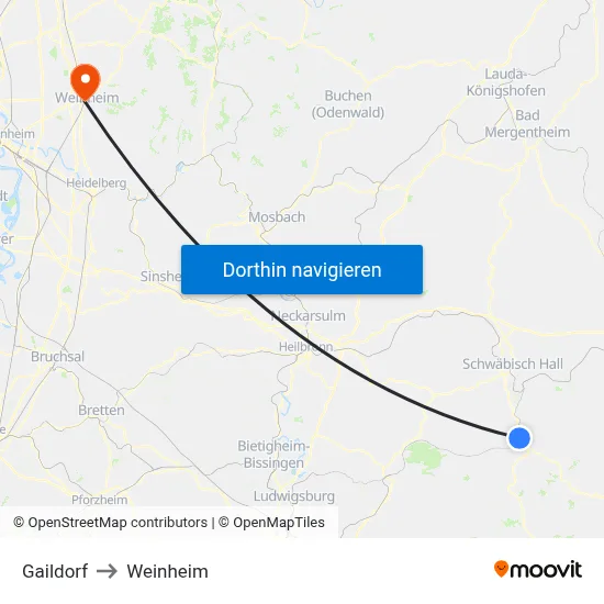 Gaildorf to Weinheim map