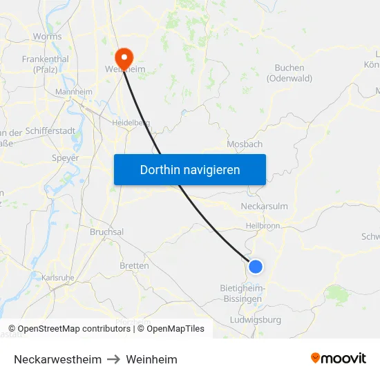 Neckarwestheim to Weinheim map