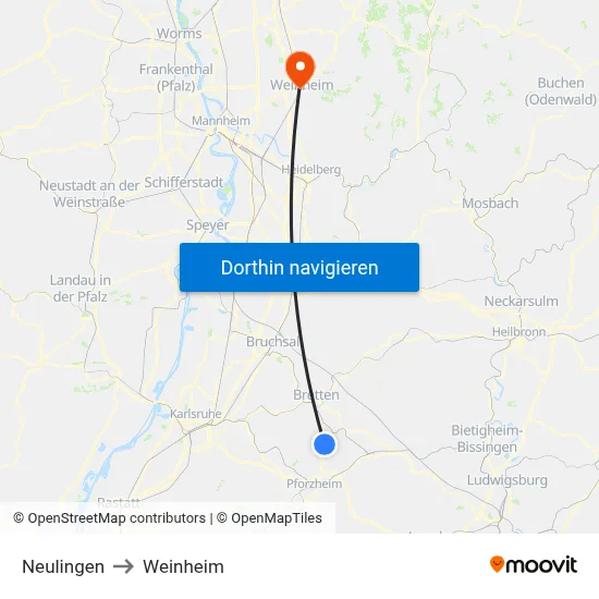 Neulingen to Weinheim map